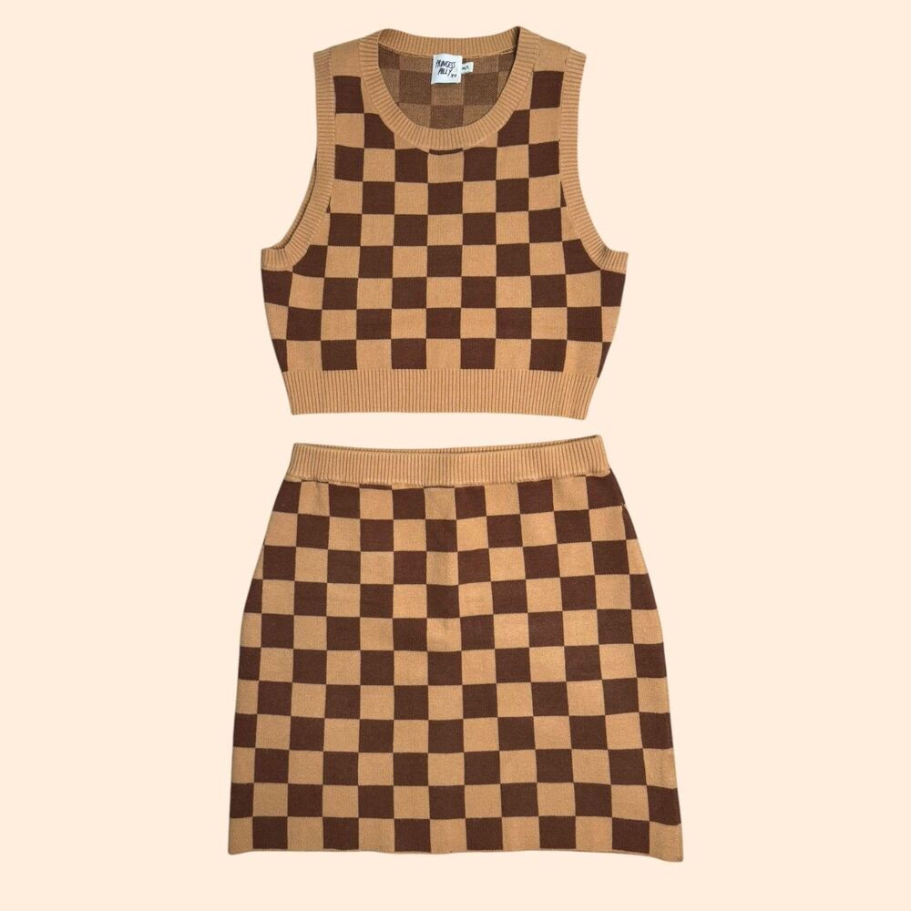 Checkerboard Knit Skirt Set in Brown/Camel